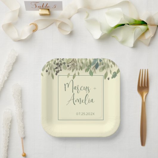 Assiettes En Carton Crème moderne et Mariage Eucalyptus (Mariage)
