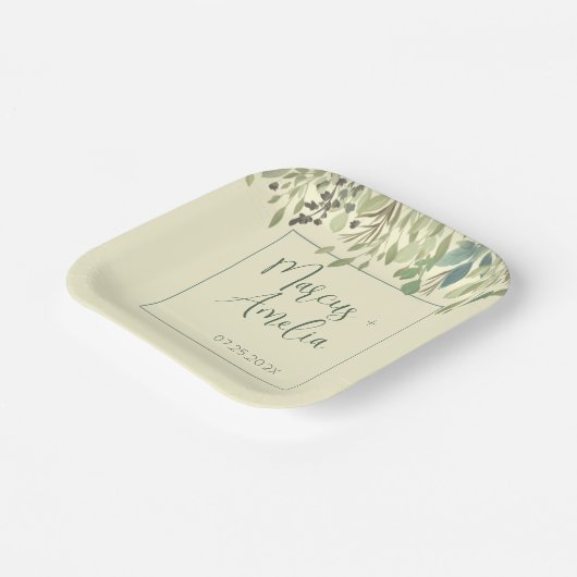 Assiettes En Carton Crème moderne et Mariage Eucalyptus (Angulaire)