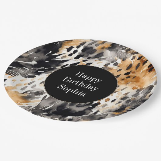 Assiettes En Carton Crème noire blanche léopard animal Anniversaire (Angle)