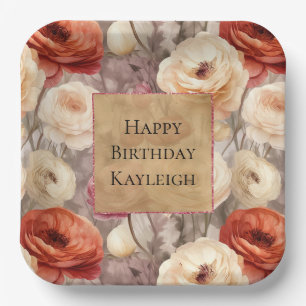 Assiettes En Carton Crème Rouge Bourgogne Floral Anniversaire