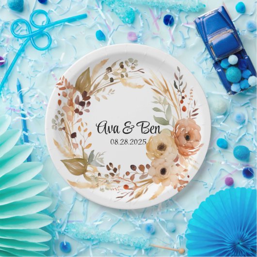 Assiettes En Carton Crème rustique en terre cuite Aquarelle Mariage fl (Fête)