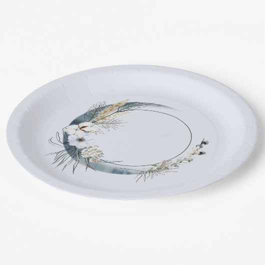 Assiettes En Carton Crescent Bleu Lune aux fleurs blanches Anniversair (Angle)