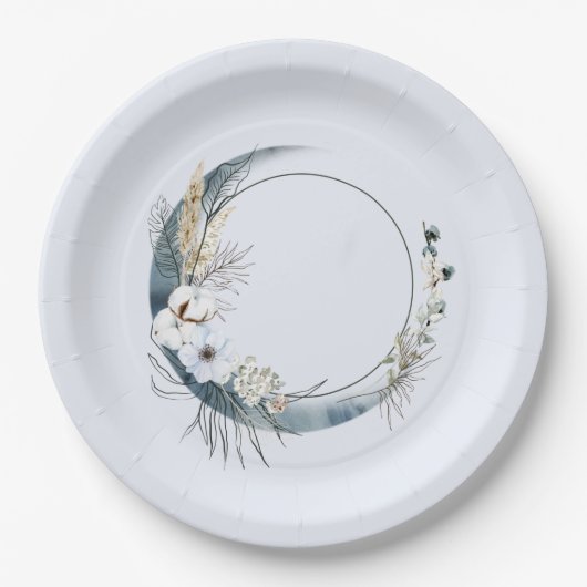 Assiettes En Carton Crescent Bleu Lune aux fleurs blanches Anniversair (Devant)