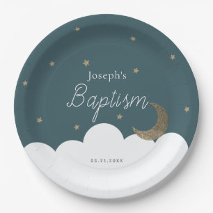 Assiettes En Carton Crescent Moon & Stars Marine Blue Baptiser Papier