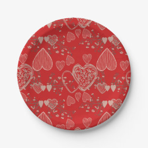 Assiettes En Carton Crimson rouge gris valentine doodle coeurs motif