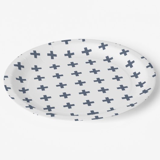 Assiettes En Carton Crochets bleu-gris sur blanc (Angle)