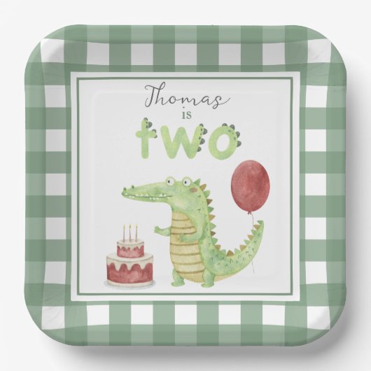Assiettes En Carton Crocodile d'aquarelle 2e anniversaire (Recto)