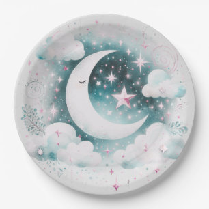 Assiettes En Carton Croissant de Lune Céleste Bleu et Blanc Bohème Mod