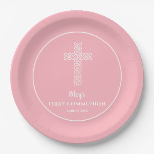 Assiettes En Carton Croix Bébé Communion rose Baptême Christening