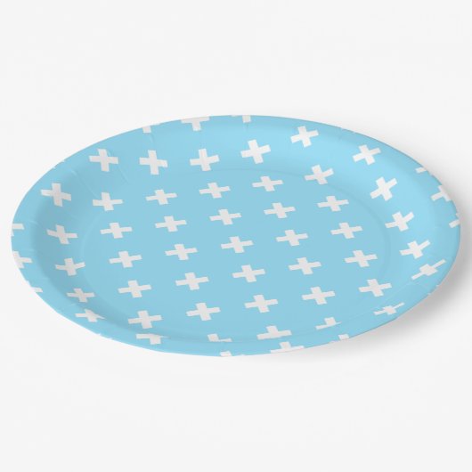 Assiettes En Carton Croix blanche sur le bleu bébé (Angle)