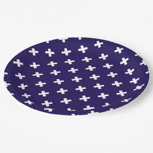 Assiettes En Carton Croix blanches sur bleu marine (Angle)
