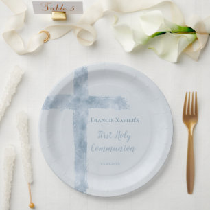 Assiettes En Carton croix bleue aquarelle Première Communion