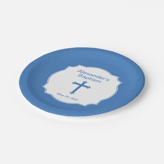 Assiettes En Carton Croix Bleue Garçons Baptême Christening (Angle)