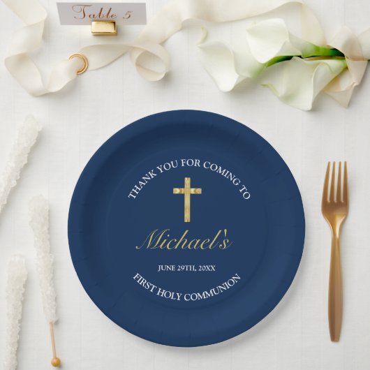 Assiettes En Carton Croix Bleue Or Moderne Réception de la première co (Mariage)
