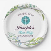Assiettes En Carton Croix Bleue Printemps Floral Première Communion Sa (Devant)