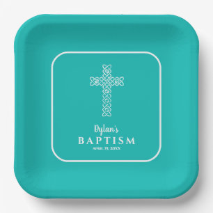 Assiettes En Carton Croix Bleue Turquoise Communion Baptême Christenin