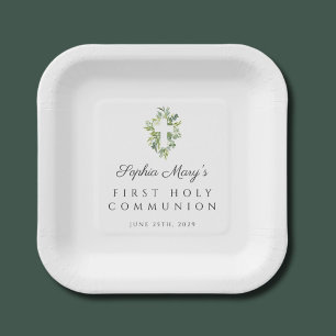 Assiettes En Carton Croix botanique verte élégante pour première commu