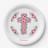 Assiettes En Carton Croix Chic Première Sainte Communion Fille Fleur r (Devant)