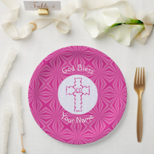 Assiettes En Carton Croix chrétienne en zigzag rose sur nom rose blanc