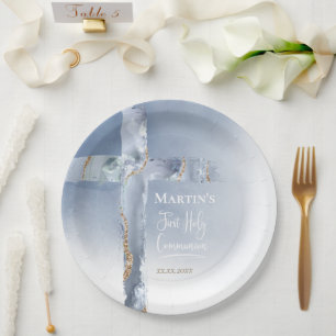Assiettes En Carton croix d'agate bleu poussiéreux Première communion