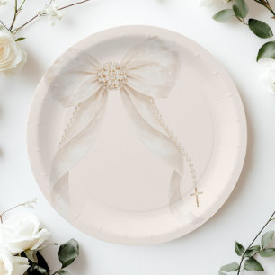 Assiettes En Carton Croix de baptême en or et ivoire avec nœud de perl