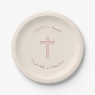 Assiettes En Carton Croix de rose en pastel de communion