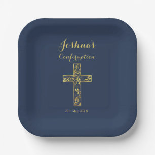 Assiettes En Carton Croix d'or bleu moderne confirmation du nom du gar