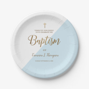 Assiettes En Carton Croix d'or bleu personnalisée Baptême de bébé
