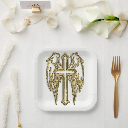 Assiettes En Carton croix d'or catholique blanche (Mariage)