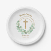 Assiettes En Carton Croix d'or Eucalyptus Wreath Baptême (Devant)