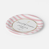 Assiettes En Carton Croix d'or Pink Stripe première sainte Communion (Angle)