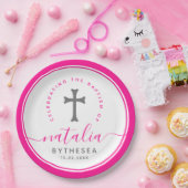 Assiettes En Carton Croix du baptême rose (Fête)