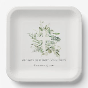 Assiettes En Carton Croix du feuillage Eucalyptus Première communion s