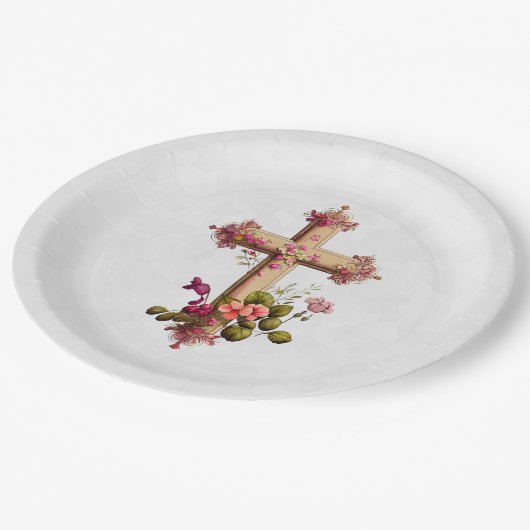 Assiettes En Carton Croix en bois élégante aux fleurs roses (Angle)