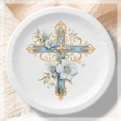 Assiettes En Carton Croix florale bleue Première communion sainte