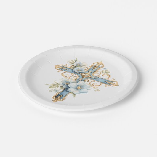 Assiettes En Carton Croix florale bleue Première communion sainte (Angle)