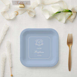 Assiettes En Carton Croix florale simple sur Carré Baptême bleu clair