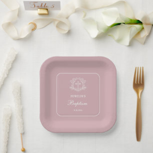 Assiettes En Carton Croix florale simple sur Carré de baptême rose