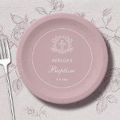 Assiettes En Carton Croix florale simple sur le baptême rose