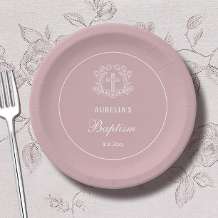 Assiettes En Carton Croix florale simple sur le baptême rose