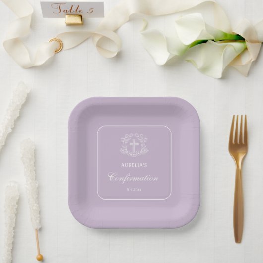 Assiettes En Carton Croix florale simple sur Lilac Confirmation (Mariage)