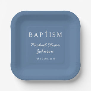 Assiettes En Carton Croix religieuse de baptême garçon bleu écriture m