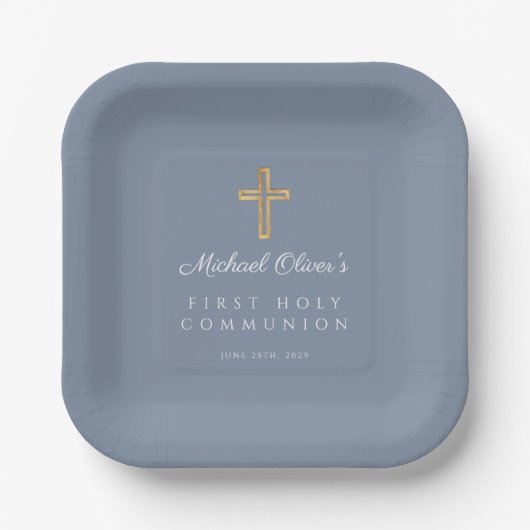 Assiettes En Carton Croix religieuse Dusty Blue Boy First Communion (Recto)