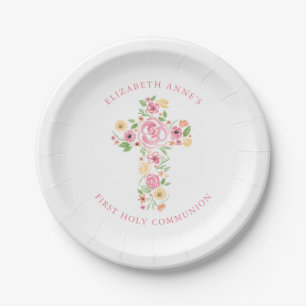 Assiettes En Carton Croix rose de l'aquarelle Fleur première communion