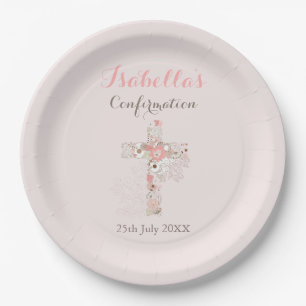 Assiettes En Carton Croix rose pâle nom de la fille confirmation