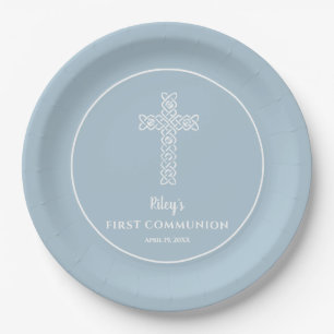 Assiettes En Carton Croix sur la communion bleu acier Baptême Christen