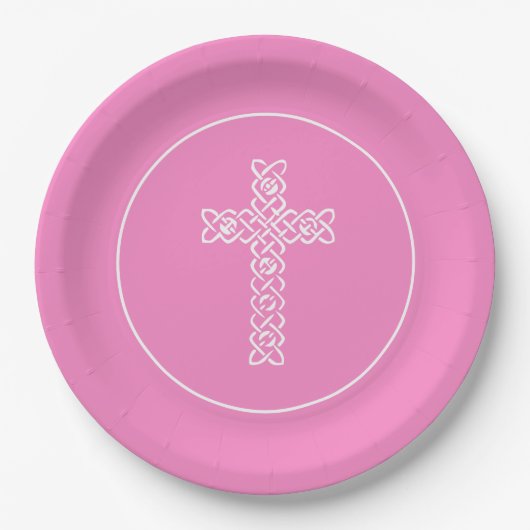 Assiettes En Carton Croix | Taffy Pink Communion Baptism Christening (Devant)