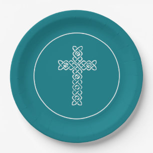 Assiettes En Carton Croix Turquoise foncée Communion Baptême Christen