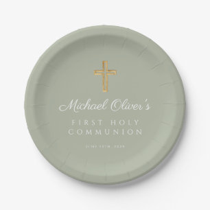 Assiettes En Carton Croix vert sauge élégante Première Sainte Communio