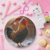 Assiettes En Carton Crowing Christmas Rooster Wearing a Santa Hat (Fête)